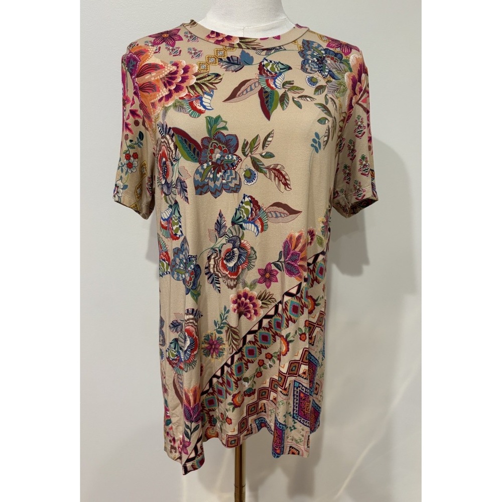 JOHNNY WAS Top Floral Zakis Crewneck Blouse Bamboo Stretch Short Sleeve Womens M